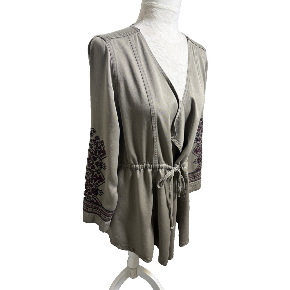 Knox Rose Khaki‎ Green Jacket~Size S~Embroidered Sleeves Tie Waist Boho Chic